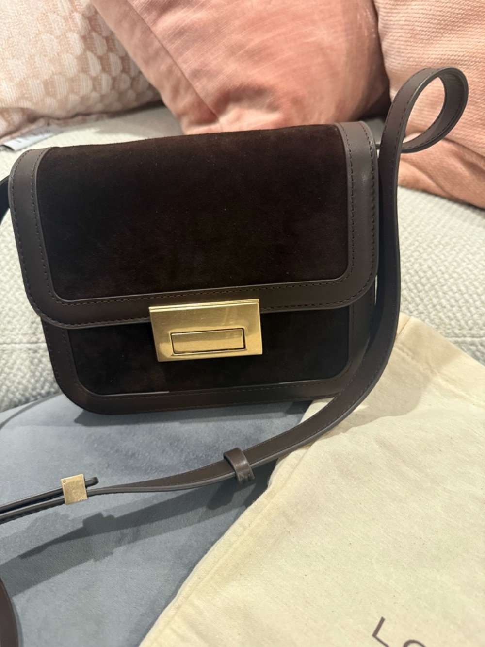 Chocolate Brown Suede Loeffler RandallCrossbody Bag with Gold Hardware
